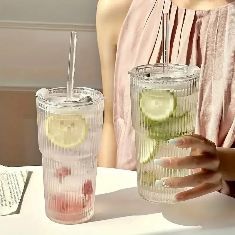 1/2pcs 600ml Strip Glass Cup с лидом и строу – прозрачный сок, вода и мороженый кофе
