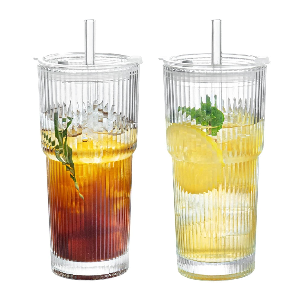 1/2pcs 600ml Strip Glass Cup с лидом и строу – прозрачный сок, вода и мороженый кофе