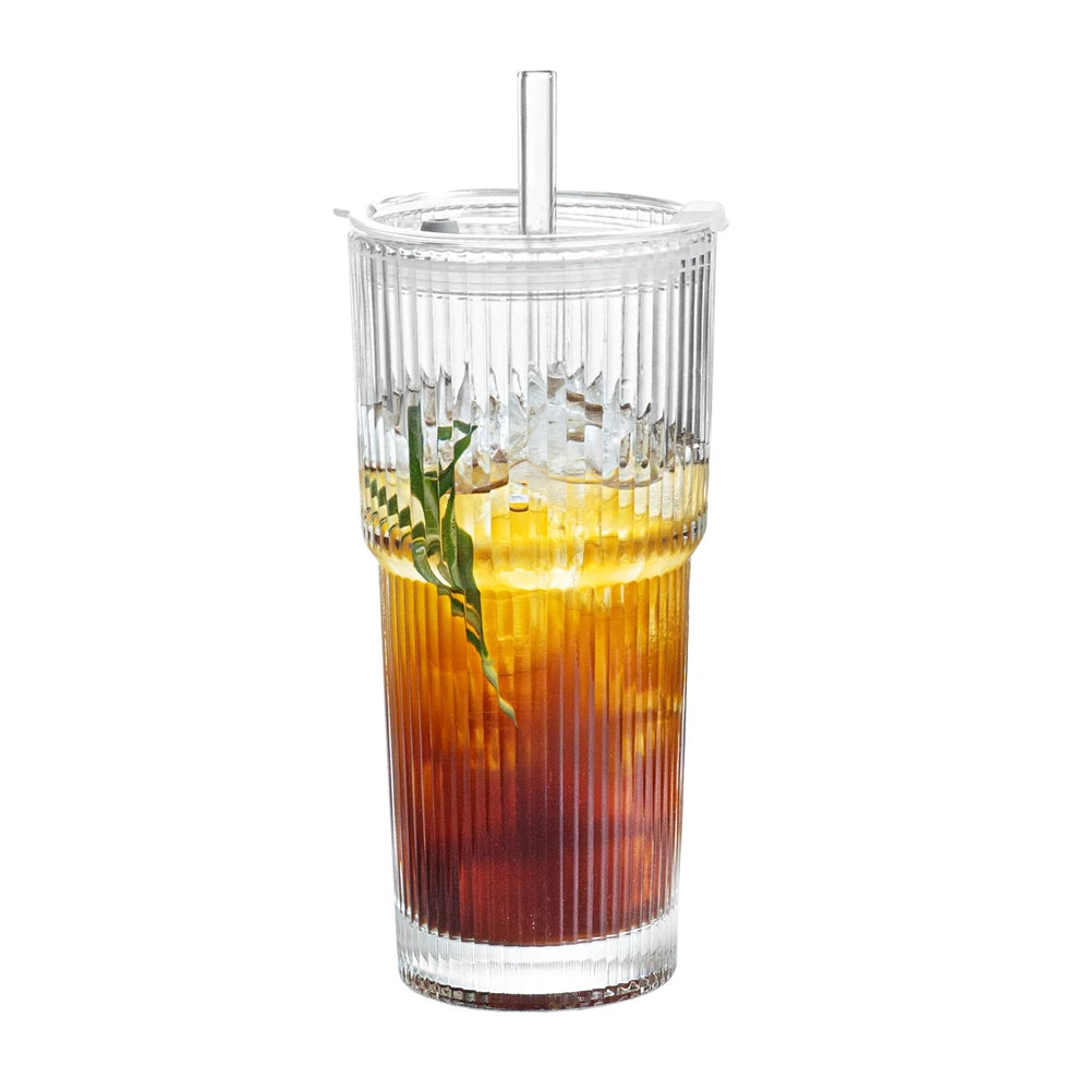 1/2pcs 600ml Strip Glass Cup с лидом и строу – прозрачный сок, вода и мороженый кофе