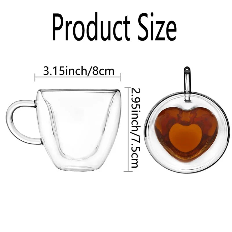 1/2pcs Heart-Shaped Double Layer Glass Cups – Insulated Tea & Coffee Cups with Handle for Latte, Cappuccino, Milk